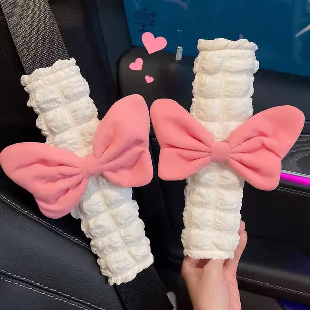 Pink Bow Puff Car Seat Belt Cover For Girls