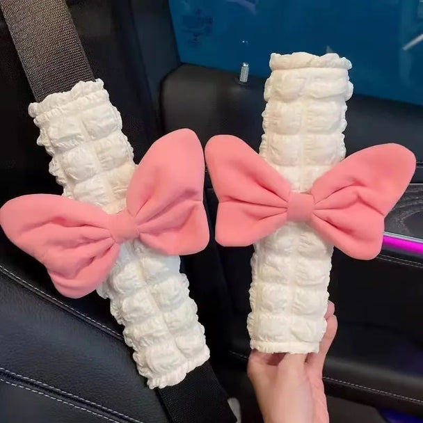 Pink Bow Puff Car Seat Belt Cover For Girls