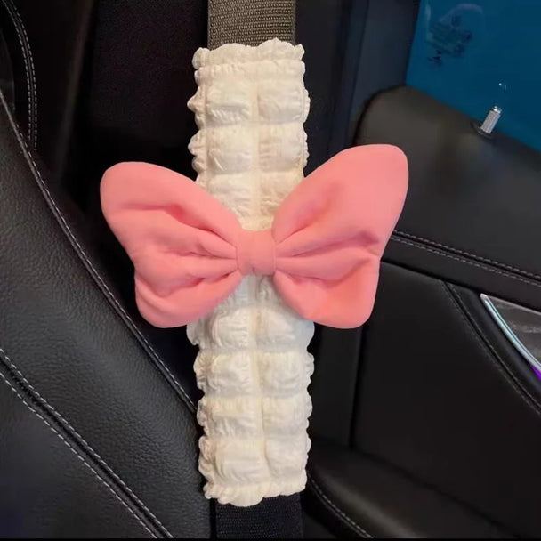 Pink Bow Puff Car Seat Belt Cover For Girls