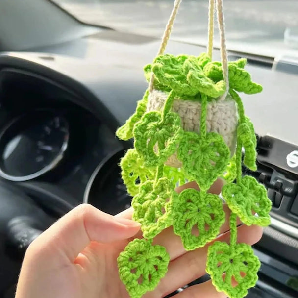 Crochet hanging plant for car pattern green