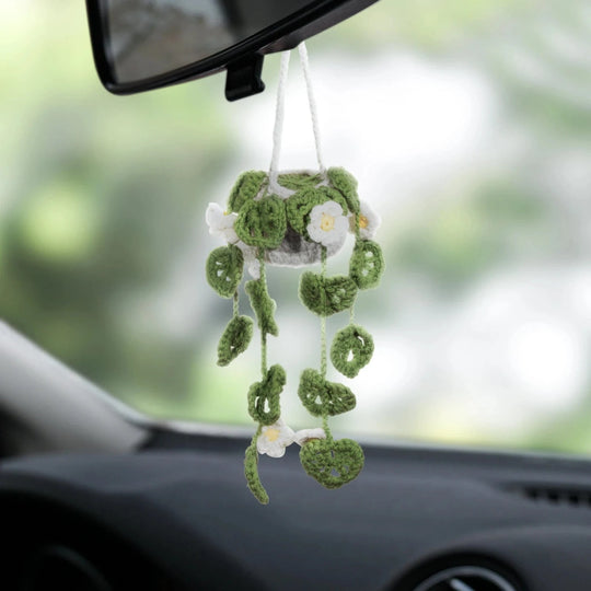 Crochet hanging plant for car  WHITE