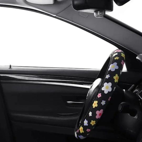 Pink and black steering wheel cover Colorful flowers