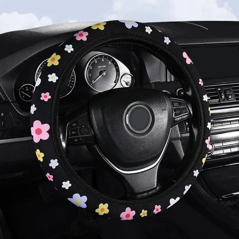 Pink and black steering wheel cover Colorful flowers