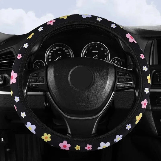 Pink and black steering wheel cover Colorful flowers