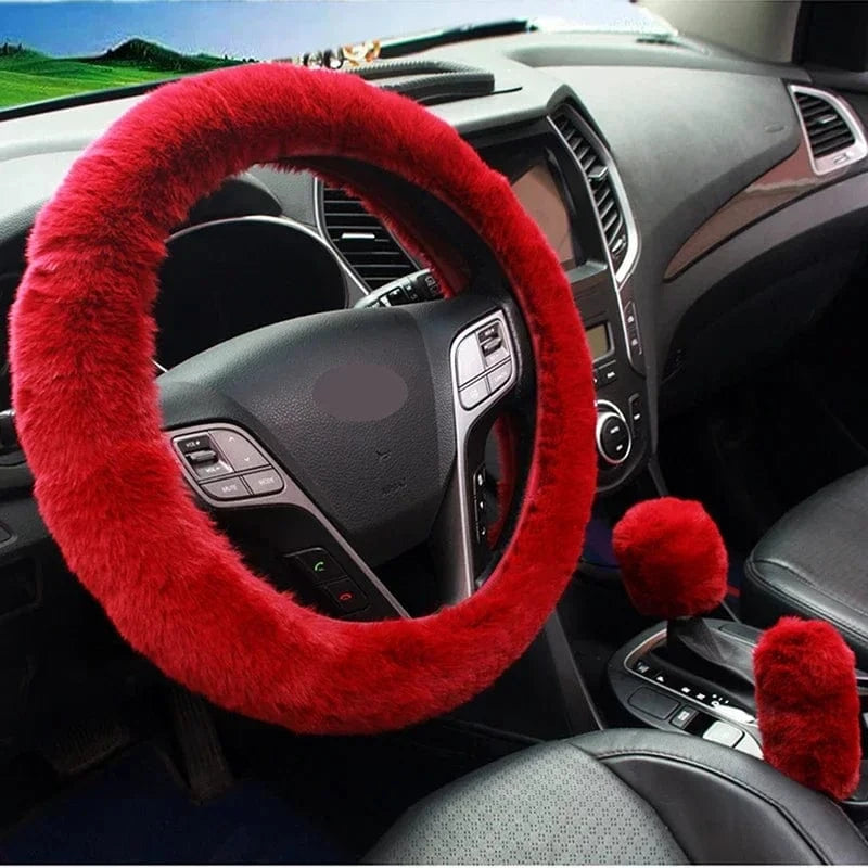 Red fluffy car steering wheel cover Red